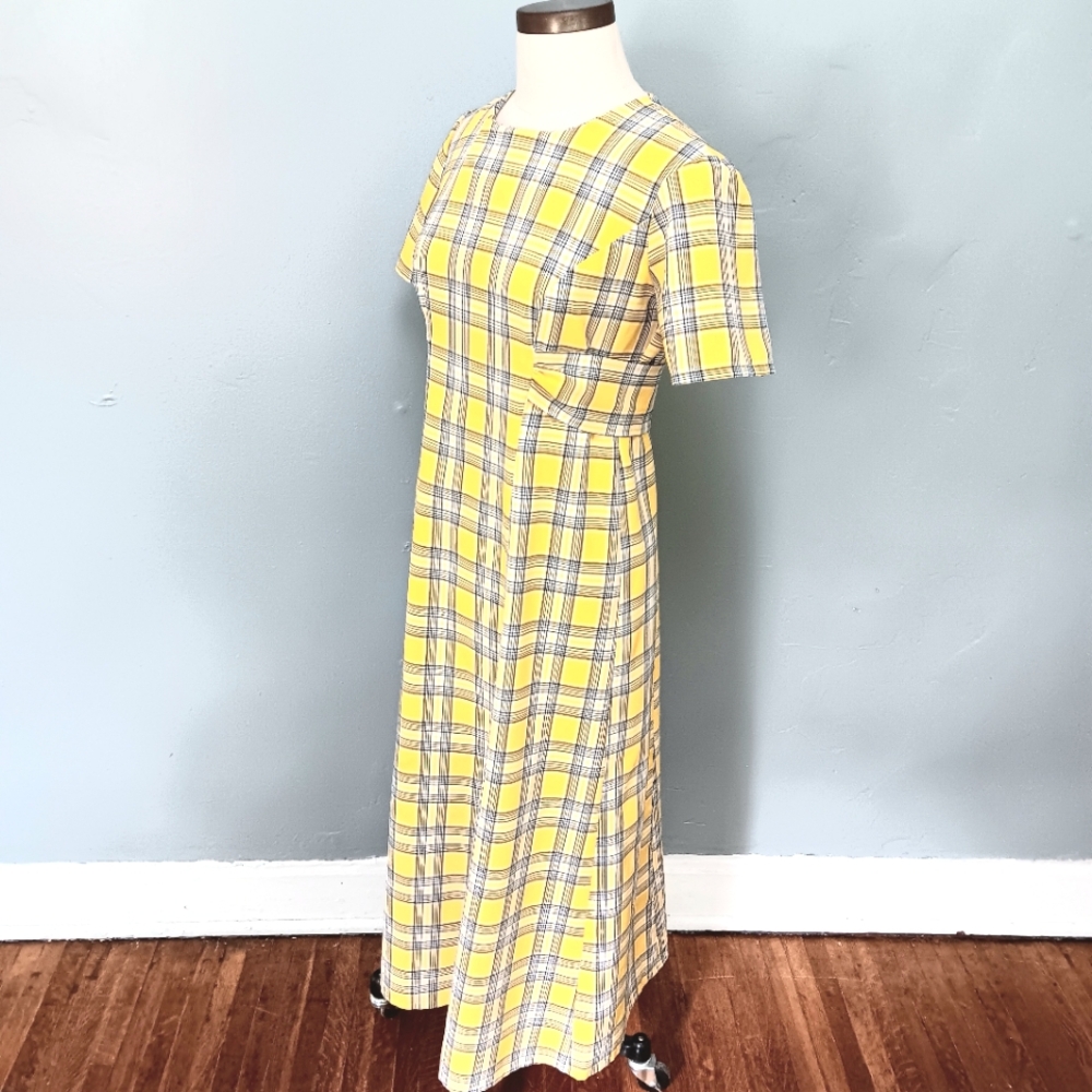 Vintage Handmade yellow plaid tie-back, zip maxi dress. Medium. - Picture 7 of 14